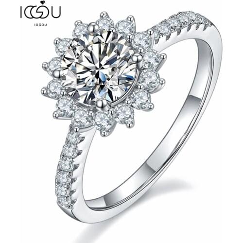 IOGOU Moissanite 1 Carat Sun Flower Rings for Woman Diamond Test Pass 100% 925 Sterling Silver Fine Luxury Bridal Jewelry Gift