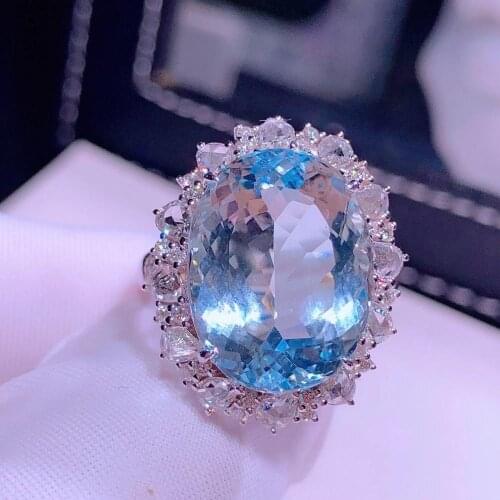 H809 Aquamarine Ring Fine Jewelry Pure 18 K Gold Natural Blue Aquamarine Gemstones 8.1ct Fine Rings