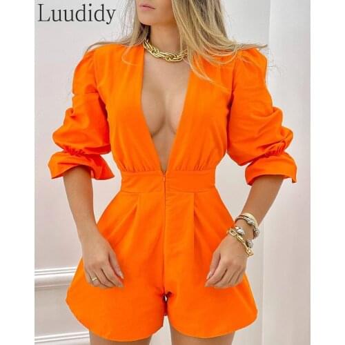 Women Puff Sleeve Zipper Pocket Design Romper Sexy Solid Color Deep V Neck Playsuit