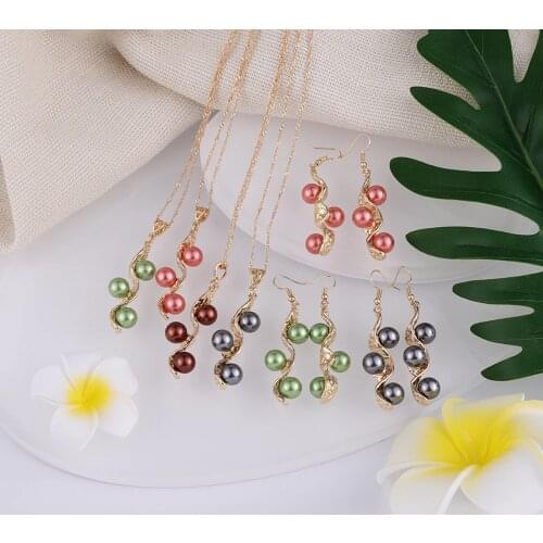 Hawaiian Jewelry Sets Trendy Polynesian Gold Plated Colorful Pearl Earrings and Necklaces Set Wholesale for Women Party 2021 New