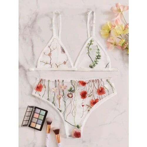 New Bra Set Intimate Womens Lingerie Transparent Bralette+Open Crotch Thong Embroidered Underwear set Sexy Mesh Erotic Lingerie