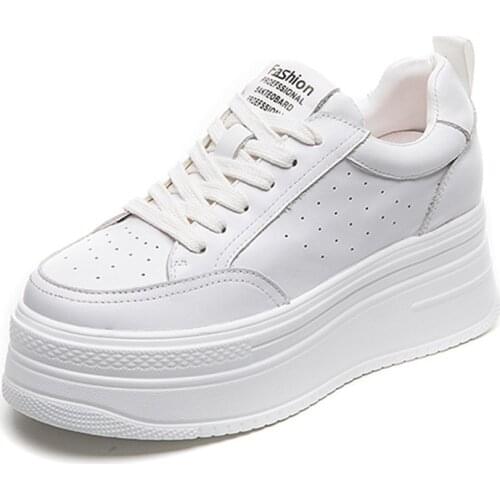 7cm Genuine Leather Platform Wedge Shoes Chunky Sneakers White Comfortable Leather Super Thick Sole Spring Autumn Shoes