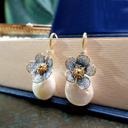 SINZRY hotsale fashion jewelry elegant original handmade natural baroque pearl flower vintage women drop earrings