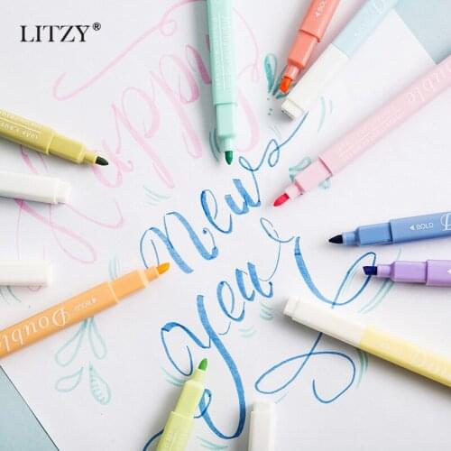 LITZY 12pcs Double Head Highlighter Pen Journal Marker Pens for Student Drawing Art Supplies Kawaii School Office Stationery