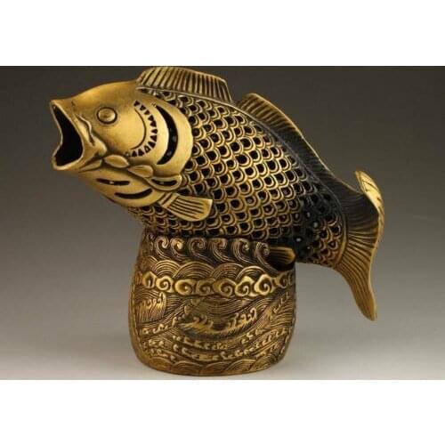 Elaborate Chinese Brass Fish Head Statue Box Incense Burner / Censer