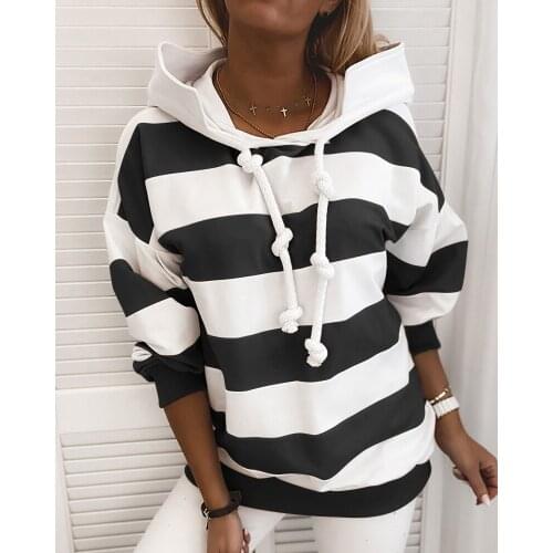Autumn Winter Tops Women Hoodies Long Sleeve Striped Print Hooded Sweatshirt Lace Up Fashion Jumper Pullovers Female