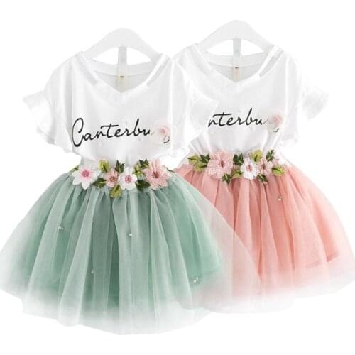 2 3 4 5 6 7 Years Kids Clothes Girls Skirt Suit Letter White T Shirt Top 3D Flower Applique Beading Tutu Skirt Children Clothing