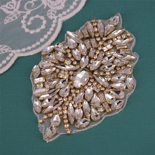 Sew On Gold Bridal Rhinestone Applique for Wedding Evening Dress Bridal Sash Applique Wedding Elegant Bow Rhinestone Applique