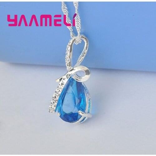 Romantic Gorgeous 925 Sterling Silver Necklace Drop Shaped Pendant Cubic Zircon Engagement Wedding Party Accessory