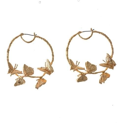 Rongho brand Vintage Metal Butterfly Hoop earrings for women Punk jewelry Gold circle earring hiphop insect earrings