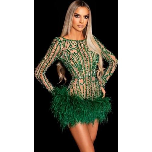 Luxury Crystals Short Prom Dresses Long Sleeves See Thru Mini Length Feathers Colorful Beaded Evening Dressing Gowns