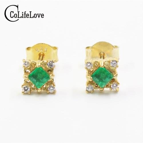 Vintage Emerald Stud Earrings 3*3mm Natural Emerald Silver Earrings Solid 925 Sterling Silver Emerald Earrings Romantic Gift