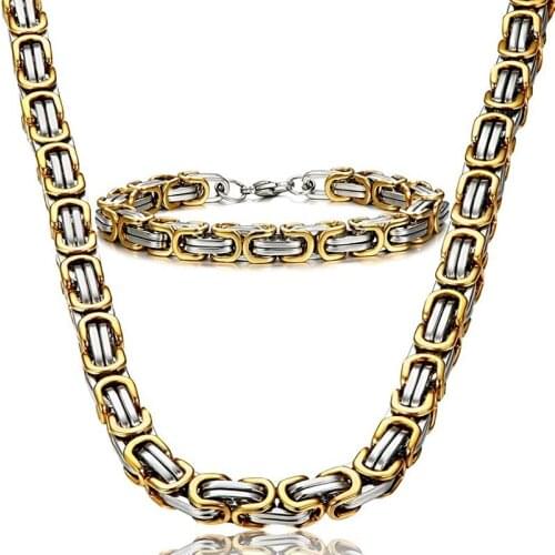 Stainless Steel Square Byzantine Necklace Bracelet Jewelry Set Men Basic Cubic 4MM 6MM 8MM Wide Gold Franco Curb Solid Metal DIY