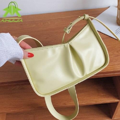 High Quality PU Leather Pleated Woman Shoulder Bag Solid Color Handbags Casual Wide Shoulder Strap Single Female Messenger Bag