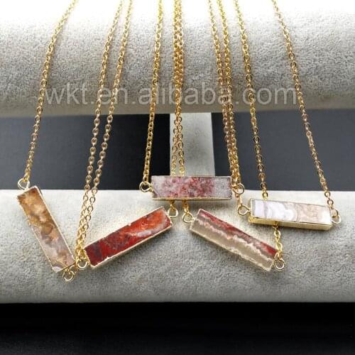 WT-N894 Wholesale Gold Pendant Necklace Jewelry 5pcs, Size 10*35mm Rectangle Stone Gold Pendant Unique Pattern stone Necklace