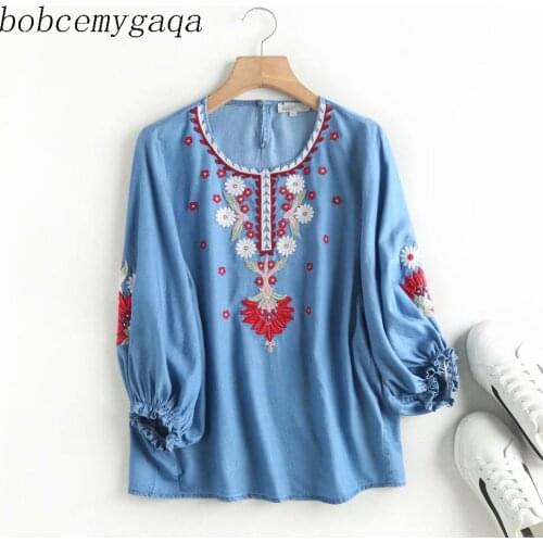 Embroidery Denim Blouse Women Summer Autumn O Neck Long Lantern Sleeve Blouse Floral Jeans denim blouse