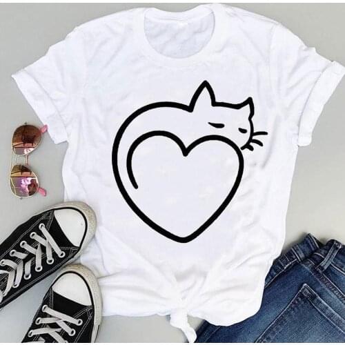 Women Cartoon Cat Animal Love Printing Cute Fashion Print Graphic Summer Short Sleeve Female Clothes Tops Tees Tshirt T-Shirt