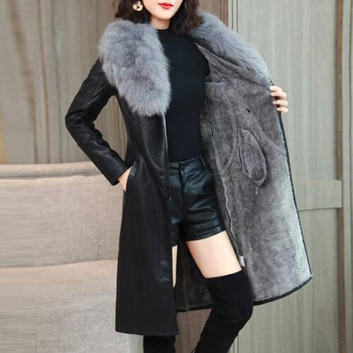 Womens Leather Jacket for Winter 2020 New Plus Velvet Warm Slim Big Fur Collar Long Leather Coat Female Outerwear Y477