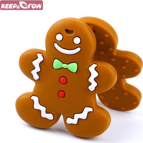 Keep&Grow 1Pc Silicone Baby Teethers BPA Free Gingerbread Man Teether Beads Food Grade Baby Teething Toys For Necklace Making