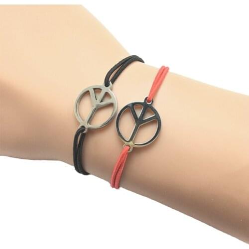 2pcs Wish Bracelet Peace Sign Stainless Steel Charm Heart Pendant Adjustable Cord Lucky Bracelet
