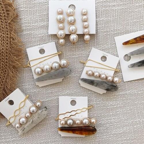 2019 Fashion Korea Women Gold Metal Crystal Metal Imitiation Geometric Pearl Hairpins Leopard Hair Clips Hair Accessories