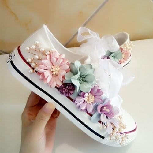 2021 Korean Fantasy Seven-Color DIY Flowers Vulcanized Shoes Pearl Hand-Made Designer Womens Rhinestone Platform Canvas Shoes