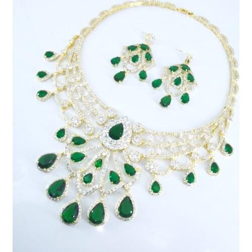 2021 NEW FASHION Retro romantic GREE red water drop GOLDEN zircon necklace earring set,wedding bride party dress banquet jewelry