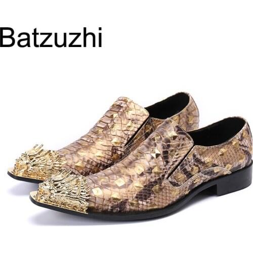 Batzuzhi Golden Mens Shoes Pointed Metal Toe Formal Leather Dress Shoes Men Slip on Fashion Business, Party and Wedding Shoes