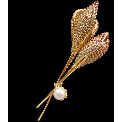 Shiny Gold Tone Mother of Pearl Deco Double Pink Calla Lily Brooches Pins Flower Jewelry for Mum Mother Day Spouse Friend Gift
