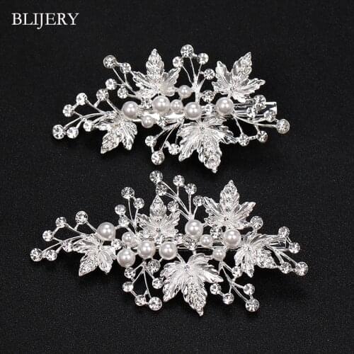 BLIJERY 2Pcs/lot Pearls Crystal Wedding Hair Accessories White Flower Hair Clips Women Barrettes Headpiece Bridal Hair Jewelry