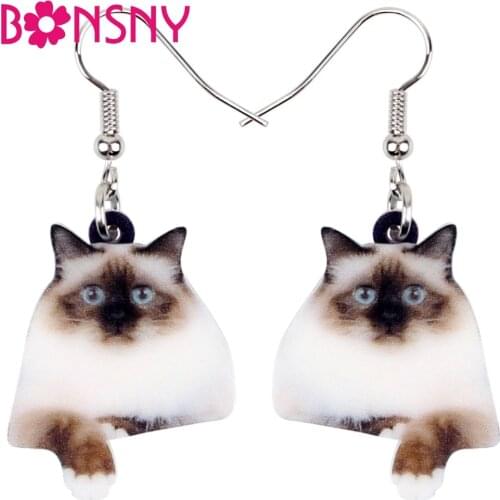 Bonsny Statement Acrylic Novelty Birman Cat Earrings Dangle Drop Big Long Cute Animal Jewelry For Women Girls Pet Lovers Brincos