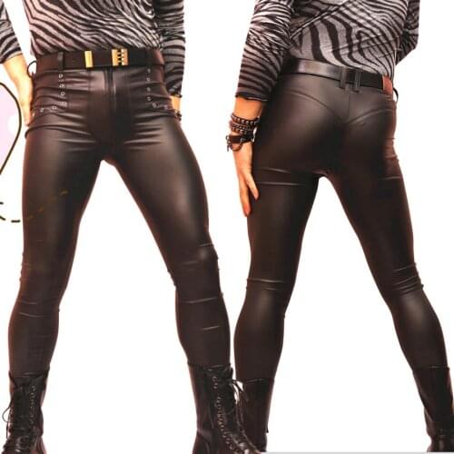 Matte PU Punk Style Pencil Pants Faux Leather High Elastic Tight Trousers Men Glossy Silky Skinny Legging Stage Bar Show Pants
