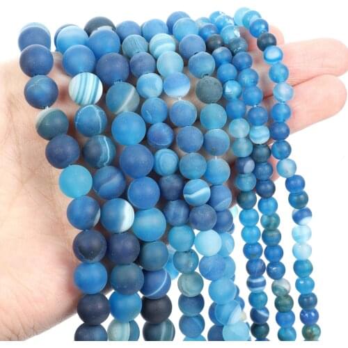 Natural Stone Beads Frosted Blue Line Agate Round Loose Beads for Jewelry Making Needlework Bracelet DIY 4-12 MM