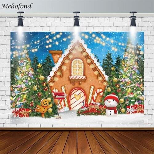 Merry Christmas Tree Backdrop Winter Candy House Gingerbread Doll Snowman Kid Photography Background Photostudio Photocall Decor