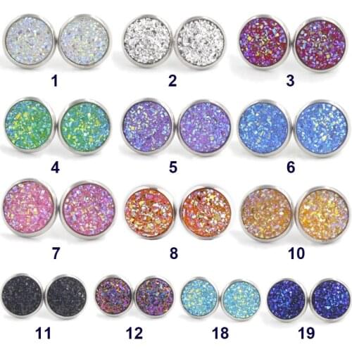 12mm Round Resin Druzy Drusy Stud Earrings Female Earstud Jewelry Gift Gold/Steel Color Earrings Glitter High Quality