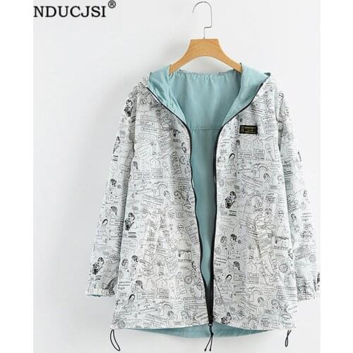 NDUCJSI Two Side Wear Coats Women Jackets Female Hooded Stitching Plus Size Coat Autumn Loose Zipper Cartoon Pocket Outwear
