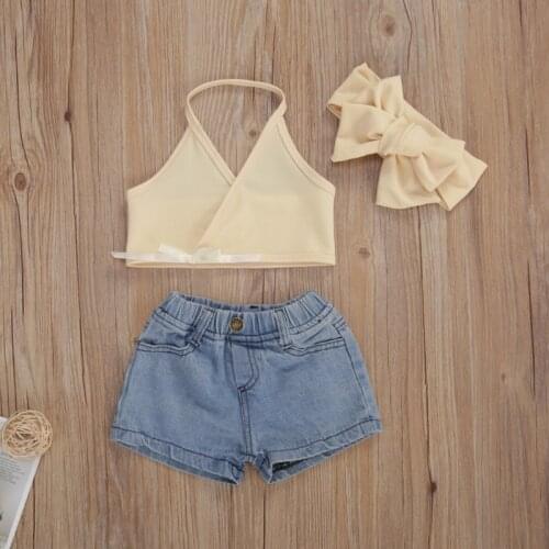Summer 3PCS Newborn Toddler Kid Baby Girl Outfit Halter Vest Tops Denim Shorts Bow Headband Clothes Set