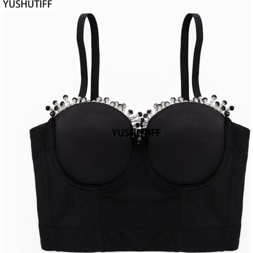 2021 Short Sexy Black Beading Top Female Crop Top Women Harajuku Backless Solid Camis Tops With Built In Bra Push Up Bralette