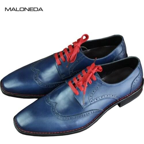 MALONEDA Custom Made Goodyear Welted Casual Mens Blue Leather Brogue Shoes Pure Handmade EUR size 37-47
