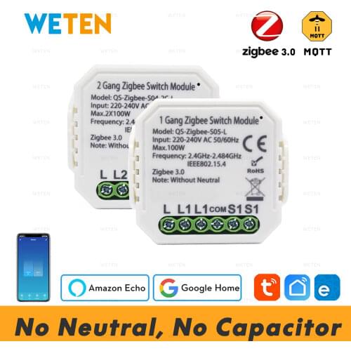 Zigbee Smart Light Switch Module Relay No Neutral Wire 1 2 Gang, 2 Way Switch, Support Tuya Hub Zigbee2mqtt Alexa Google Home