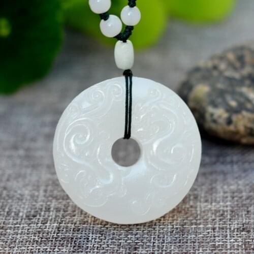 Natural White Afghanistan Jades Stone Pendant Necklace Circle Peace Buckle Carved Chinese Dragon Phoenix Jades Stone Pendant