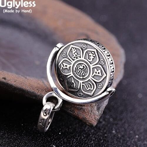 Uglyless 2 Directions Spinning Lotus Mantra Necklace NO Chain Unisex Swastika Pendants for Men Women Buddhism Jewelry 925 Silver