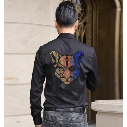 Casual Rhinestone style Mens Dress Shirts White Long Sleeve Chemise Homme Regular Fit Male Fashion Design Rhinestone shirt