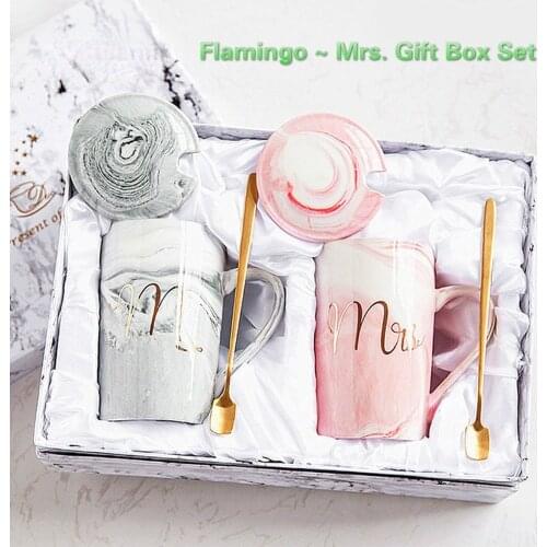 FSILE Marble Pattern Cup Gold Rim Mug Gift Box Set Coffee Cup Couple Women Cup Flamingo Cup Ceramic with Hand Ceremony