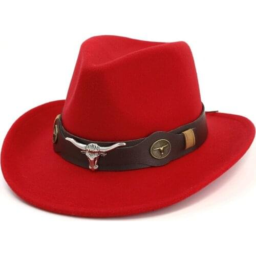 2019 Unisex Men Women Wool Western Cowboy Hat With Cow Head Leather Band Sombrero Hombre Hat Wide Brim Jazz Hat Size 56-58CM