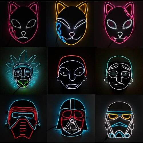 Glowing EL Wire Mask Japanese And American Cartoon Characters Animated Fox Mad Scientist Samurai Luminous LED Cosplay Mask
