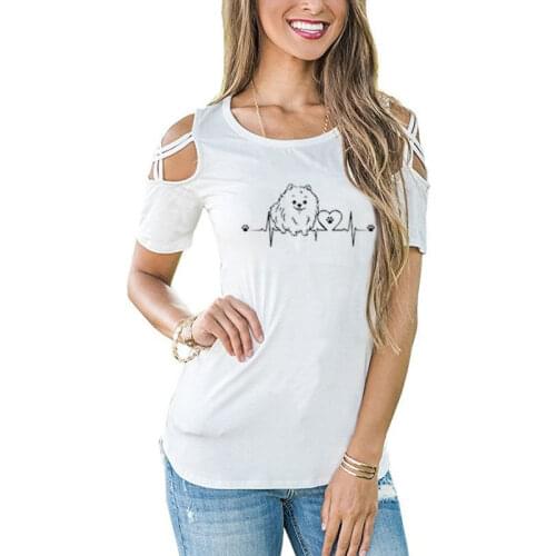 Pomeranian T Shirt Women Short Sleeve O-Neck Casual Cute Heartbeat Dog Girls Female Tshirt Off The Shoulder Hollow Tops Tee