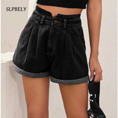 SLPBELY Summer Vintage Denim Shorts High Waist Classic Fold Denim Shorts Harajuku Jeans Hot Blue Black Ladies Jean Demin Shorts