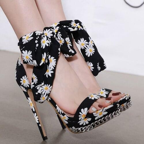 14CM Womens Peep Toe Flowers Daisy Printed Ribbon Bowtie Stilettos Metal Chain Platform High Heel Slingback Shoes Pumps Plus SZ