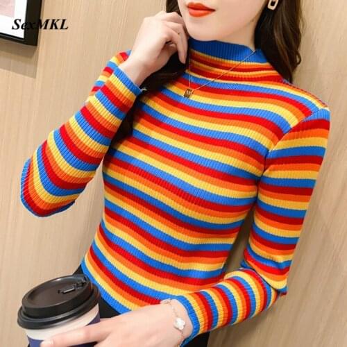 Women Winter Basic Striped Sweaters 2020 Fashion Long Sleeve Turtleneck Pullovers Korean Clothing Slim Short Knitted Ladies Tops